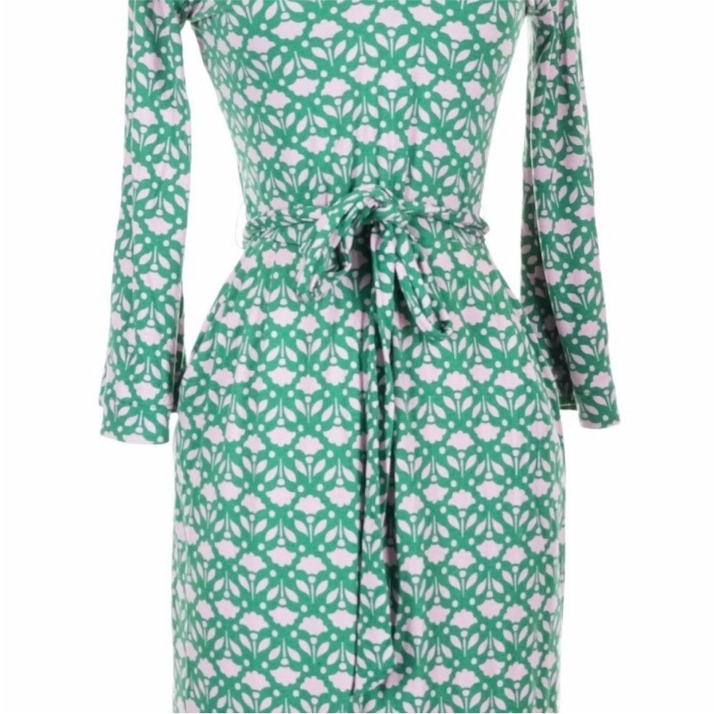 EUC Boden Elodie Waist Tie Bell Sleeve Midi V-Neck Dress Kelly Green Pink Floral